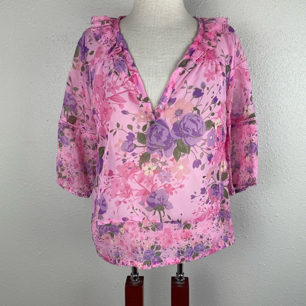 Dream Out Loud by Selena Gomez Sheer Pink V-Neck Floral Top Size M